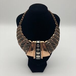 Vintage Style Mixed Metal Bib Necklace Bold Copper & Black Enamel Statement